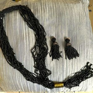 15 strand black seed bead necklace and matching earrings